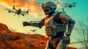 La Chine déploie une combinaison cyborg capable de lancer des drones à distance, changeant radicalement le combat militaire moderne Illustration de l'exosquelette militaire chinois équipé de technologies avancées, générée par intelligence artificielle.