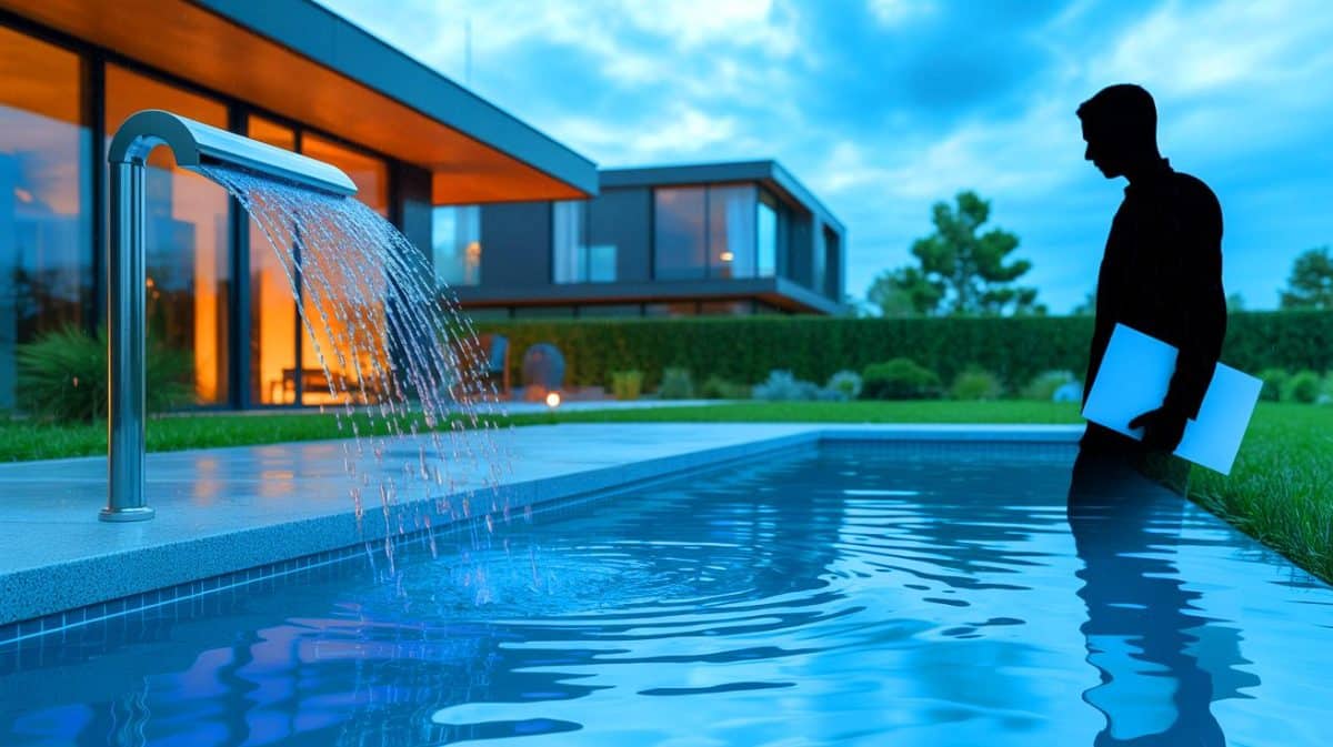 Illustration de la réglementation stricte sur l'utilisation de l'eau de pluie pour remplir les piscines, créée par intelligence artificielle.