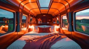 Succès fou sur Airbnb : ce couple métamorphose d’anciens wagons en hébergements uniques et séduit les fans d’expériences inoubliables partout en France Illustration de la transformation de wagons de train en logements Airbnb. Image réalisée par IA.