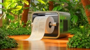 Illustration de la transformation innovante des documents de travail en papier toilette, générée par intelligence artificielle.