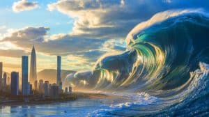 Tsunamis dévastateurs : « Les mégatsunamis pourraient engloutir des villes entières en quelques heures » une menace réelle selon des experts en climatologie Illustration de l'impact dévastateur potentiel des mégatsunamis sur les régions côtières vulnérables.