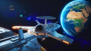 Illustration d'un porte-avions orbital développé par Gravitics pour la Space Force, générée par intelligence artificielle.