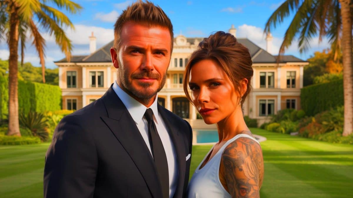Les Beckham et leurs résidences de luxe : découvrez enfin laquelle vaut le plus entre Miami, Londres et Dubaï Illustration de David et Victoria Beckham devant leurs somptueuses résidences, générée par intelligence artificielle.