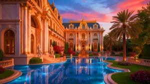 Illustration de l'opulent Marble Palace à Dubaï, inspiré des châteaux français et symbole du luxe extrême.