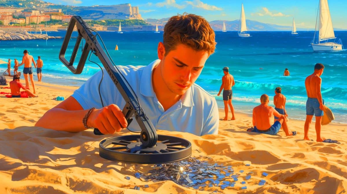 Ce trésor caché sous nos pieds : comment un détectoriste a bouleversé l’histoire locale avec sa découverte Illustration de détectoristes nettoyant les plages marseillaises en quête de découvertes métalliques.
