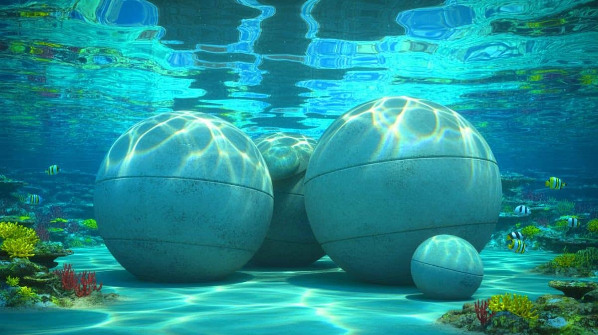 « Ces sphères sous-marines vont changer le monde » : comment un ingénieur allemand redéfinit le stockage de l’énergie verte Illustration de sphères en béton immergées pour le stockage d'énergie sous-marine.