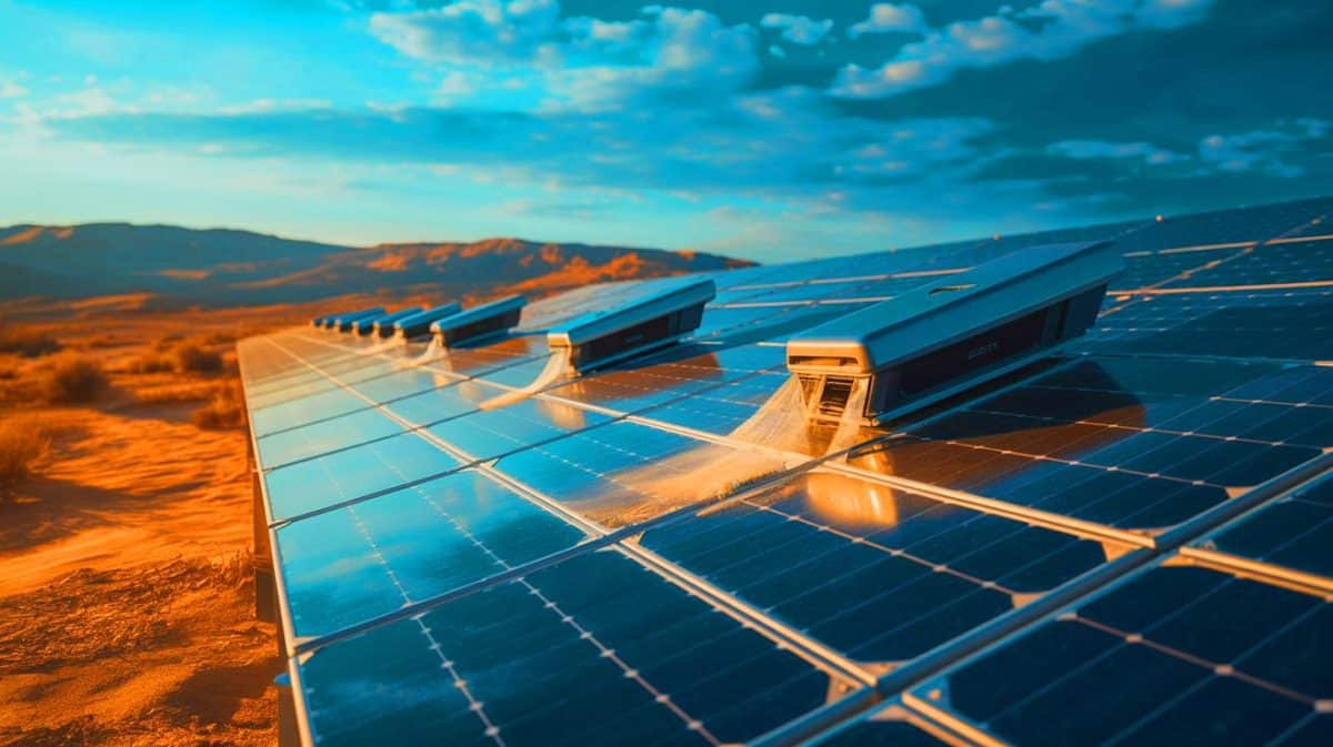 « Ces vieux panneaux solaires retrouvent 96 % de puissance grâce à une nouvelle technologie anti-poussière » : le vent de la polémique Illustration de la technologie éolienne innovante pour le nettoyage autonome des panneaux solaires.