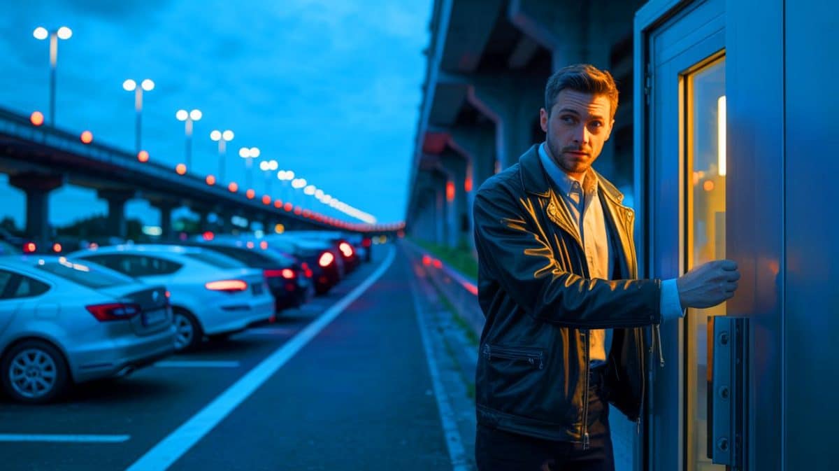 « C’est facile, personne ne vérifie ses portières » : un voleur raconte comment il dépouille les voitures sur les aires d’autoroute sans jamais être inquiété Illustration de voleurs opérant discrètement sur les aires d'autoroute durant les vacances.