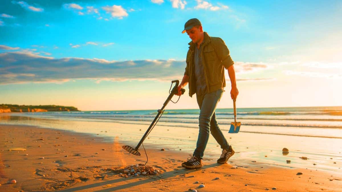 Illustration de Damien Barusseau explorant les plages de Charente-Maritime avec son détecteur de métaux.