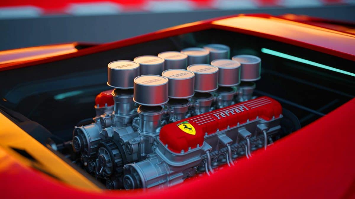 Illustration de l'innovation de Ferrari avec des pistons en forme de pilule pour optimiser la performance des moteurs.
