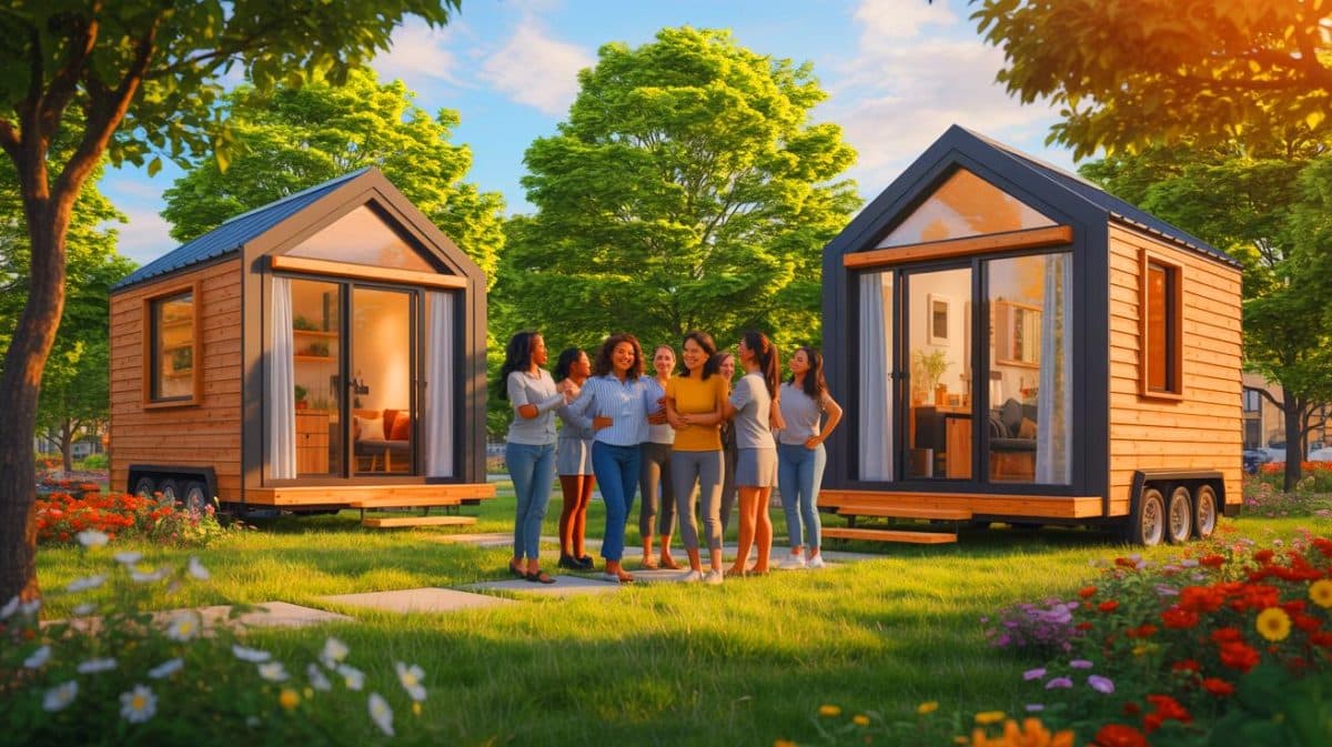 Illustration de deux tiny houses Baluchon servant de refuges pour femmes sans abri à Saint-Nazaire.