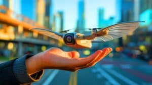 Illustration de l'atterrissage en douceur d'un drone à ailes battantes sur la main d'une personne.