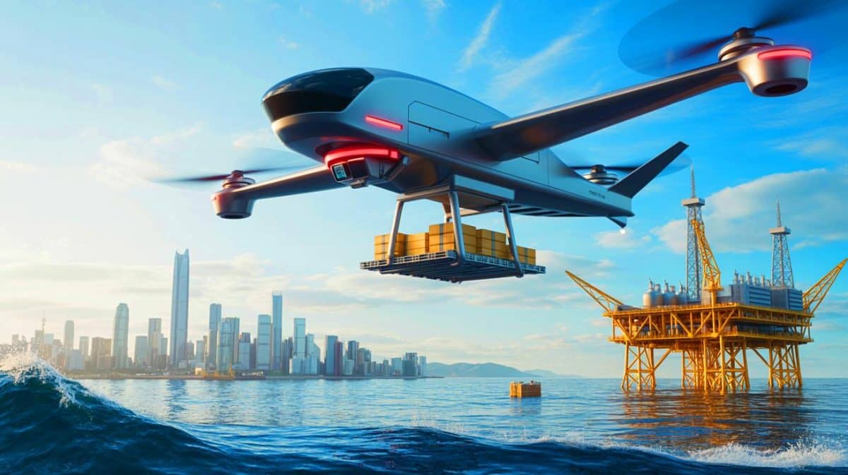 « Le drone VTOL de deux tonnes bouleverse la Chine » : un exploit technologique qui divise le monde entier Illustration de l'utilisation d'un drone eVTOL pour la livraison de cargaisons offshore en Chine.