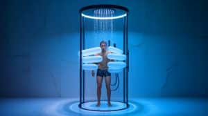 Le rideau de douche Spiky limite à 4 minutes et écrase la consommation d’eau grâce à ses pics gonflables terriblement dissuasifs Illustration de l'innovation du rideau de douche Spiky pour économiser l'eau.