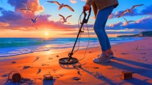 « Trouver des trésors sur la plage, c’est le nouveau rêve » : le détecteur de métaux attire une foule d’aventuriers en quête du jackpot caché Illustration de la recherche de métaux sur la plage avec un détecteur de métaux.
