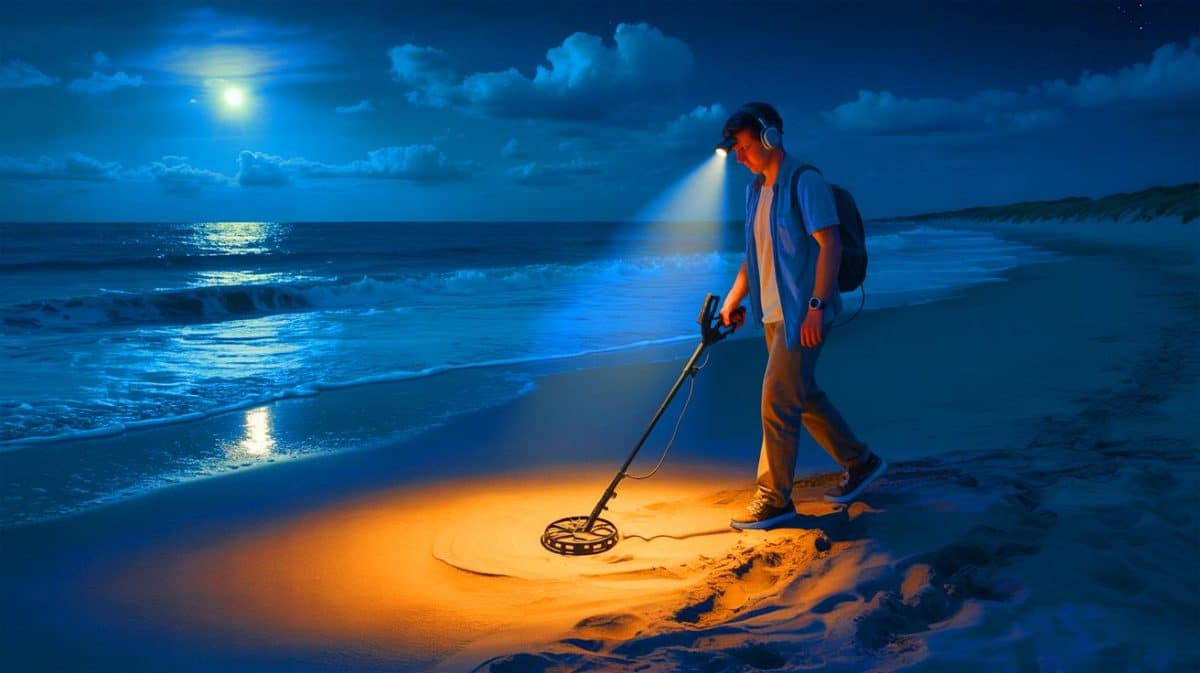 Illustration de Nicolas Bordessoulles arpentant la plage de Capbreton avec son détecteur de métaux.