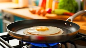 Une astuce simple et ingénieuse évite aux œufs d’accrocher à la poêle sans beurre ni eau et renverse les habitudes de cuisine Illustration de l'astuce culinaire utilisant de la farine pour cuire des œufs sans qu'ils ne collent à la poêle.