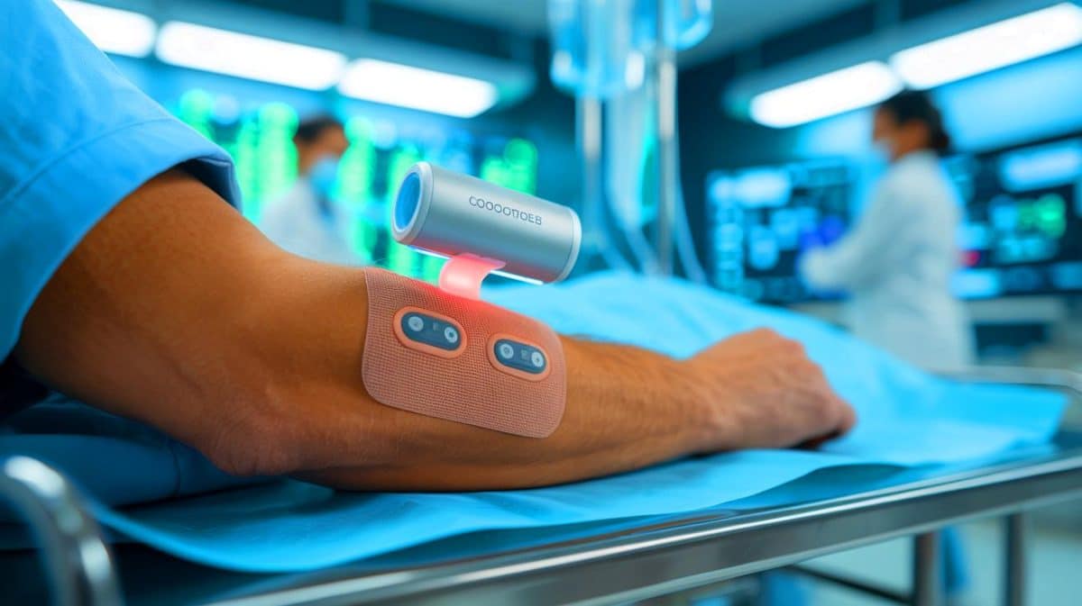 « Un capteur à 5 € qui bouleverse la médecine » : suivre la guérison sans enlever les pansements devient réalité Illustration de l'innovation technologique de suivi des plaies par dispositif Bluetooth.