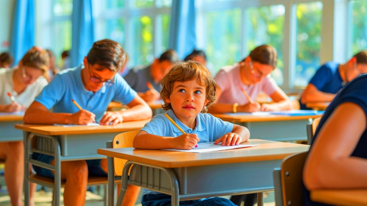 Illustration de l'inscription d'un enfant de 8 ans au baccalauréat 2025 en France.