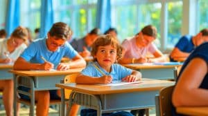 Illustration de l'inscription d'un enfant de 8 ans au baccalauréat 2025 en France.