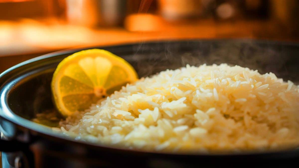 « Le secret des chefs pour un riz parfait » : la goutte de citron qui change la couleur et la texture à la cuisson Illustration de l'astuce culinaire consistant à ajouter une goutte de citron dans l'eau de cuisson du riz.