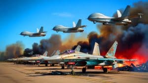 « L’Ukraine frappe au cœur » : des avions russes à missiles hypersoniques détruits sur leur base, Moscou humilié par des drones Illustration de la destruction d'avions russes par l'Ukraine, marquant un tournant stratégique dans le conflit.