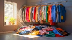Illustration de la surconsommation vestimentaire et des vêtements inutilisés en France.