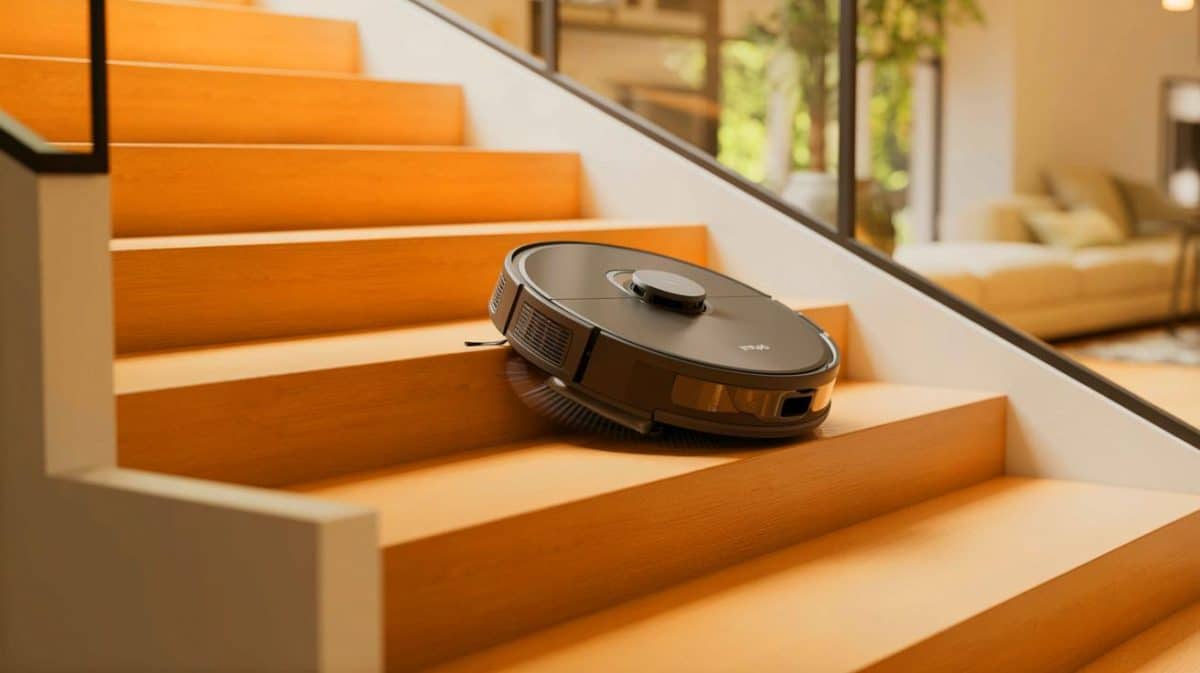 « Comment fait-il pour monter les marches » : le robot aspirateur Mova défie les lois de la physique Illustration de l'aspirateur robot MOVA Zeus 60 montant un escalier.