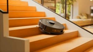 Illustration de l'aspirateur robot MOVA Zeus 60 montant un escalier.