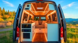 « Voici le secret pour voyager sans se ruiner » : une cabine à 300€ transforme votre utilitaire en van Illustration de la transformation d'un fourgon en espace de vie mobile avec le module PlugVan.