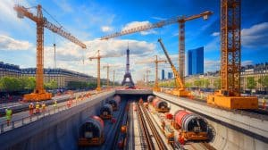 Illustration de la construction du Grand Paris Express, un projet monumental de modernisation du réseau de transport parisien.