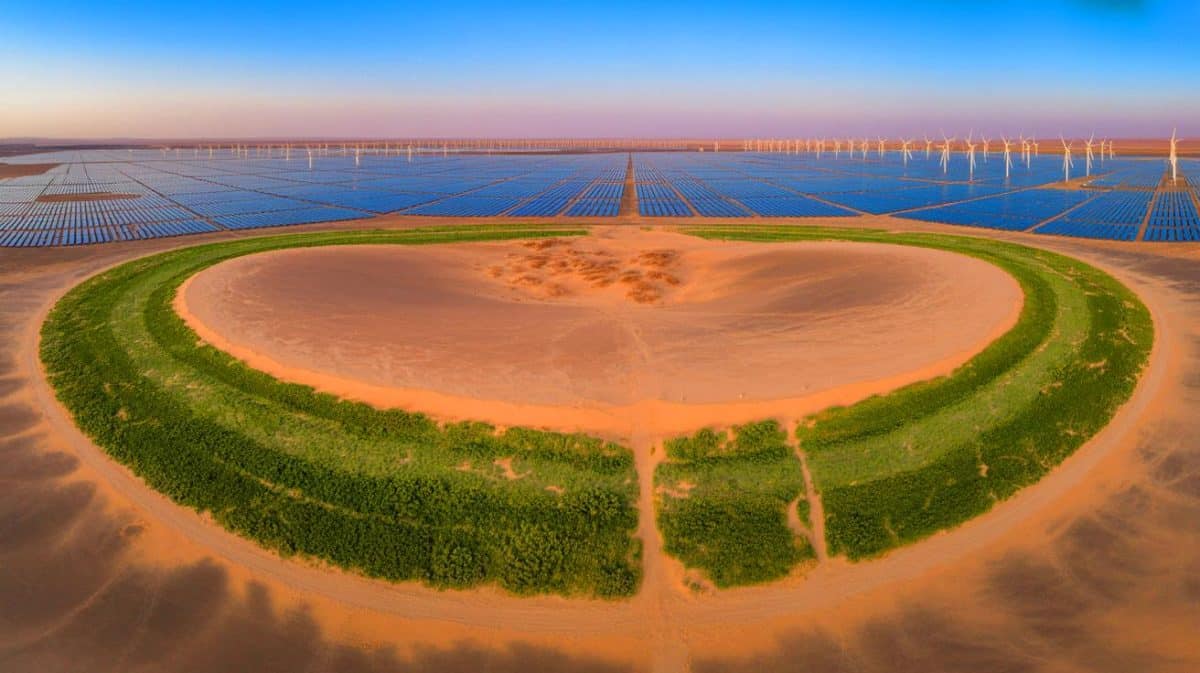 « Un chantier jamais vu » : la Chine mobilise 600 000 personnes pour rendre fertile un désert aussi vaste que l’Allemagne Illustration de la transformation écologique du désert de Taklamakan grâce à une ceinture végétale et des énergies renouvelables.