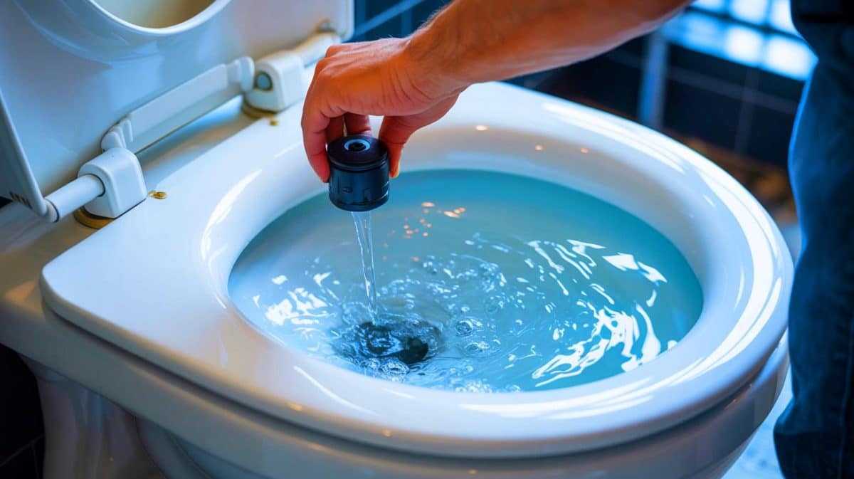 « Oubliez l’intervention d’un plombier » : cette astuce méconnue répare vos toilettes en quelques minutes seulement Illustration de la réparation d'une chasse d'eau par ajustement du clapet du réservoir.