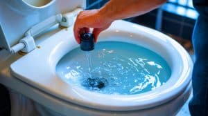 « Oubliez l’intervention d’un plombier » : cette astuce méconnue répare vos toilettes en quelques minutes seulement Illustration de la réparation d'une chasse d'eau par ajustement du clapet du réservoir.