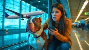 « Voici pourquoi ce chien n’a pas pu monter dans l’avion » : l’interdiction des races brachycéphales bouleverse le voyage de sa maîtresse Illustration de l'abandon d'un American Bully à un refuge après un refus d'embarquement dans un avion.