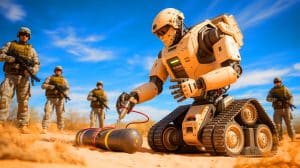 « D’un projet étudiant à l’US Air Force » : un robot américain désormais capable de désamorcer les bombes les plus meurtrières Illustration de l'innovation technologique de l'Air Force pour améliorer le déminage des engins explosifs.