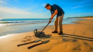 « Ce que Marc a trouvé sous terre dépasse l’imagination » : un détectoriste révèle une découverte que personne n’attendait Illustration de Marc Houzé explorant les plages landaises à la recherche de trésors historiques.