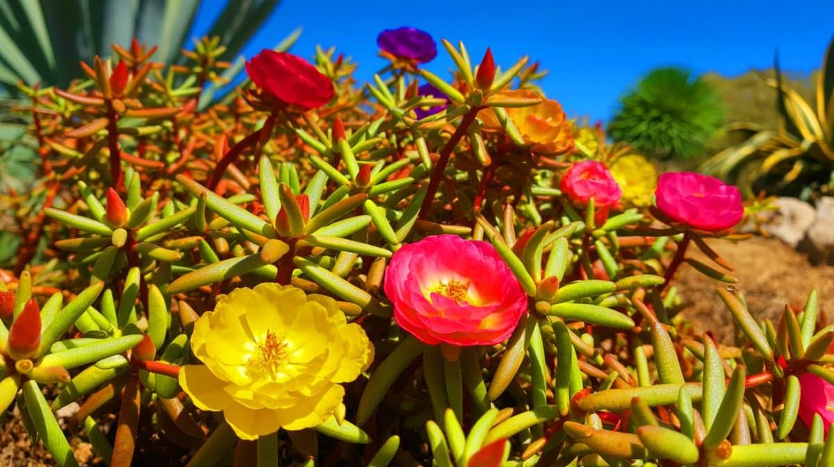 « Voici la plante qui résiste à la canicule et au sol sec » : elle fleurit encore jusqu’en octobre avec éclat Illustration de la floraison éclatante du Portulaca grandiflora dans des conditions arides.
