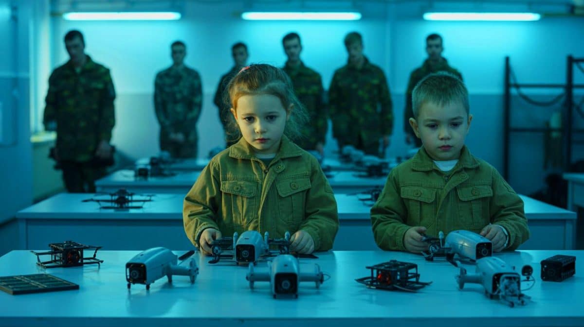 « Des enfants fabriquent les drones russes » : 20 000 mineurs ukrainiens arrachés à leurs familles pour l’effort militaire Illustration de l'enlèvement d'enfants ukrainiens pour des formations militaires en Russie.