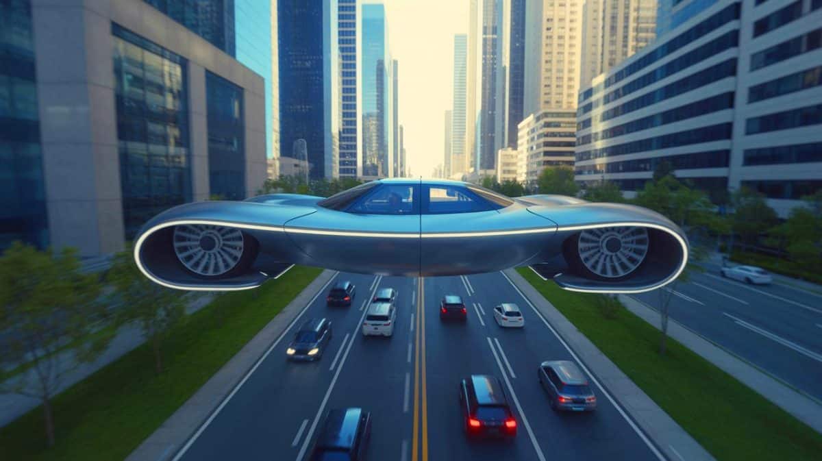 « Franky Zapata lance sa voiture volante » : une machine à turbines à gaz capable d’atteindre 300 km/h Illustration de la voiture volante de Franky Zapata, capable d'atteindre 300 km/h.