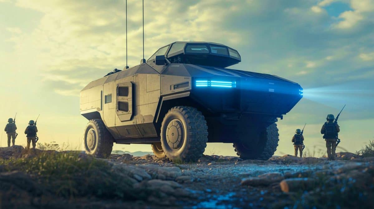 « Hermione, le véhicule militaire français à hydrogène » : 20 heures d’autonomie et une modularité unique pour reconnaissance et logistique Illustration de Hermione, le véhicule terrestre sans pilote à hydrogène, lors de sa présentation au salon MSPO.