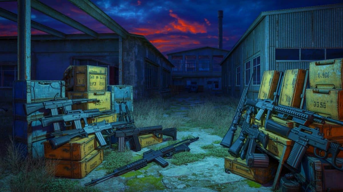« Un stock d’armes découvert dans une zone industrielle » : une révélation qui soulève des inquiétudes sur la sécurité mondiale Illustration de la découverte d'un stock massif d'armes dans une zone industrielle isolée.