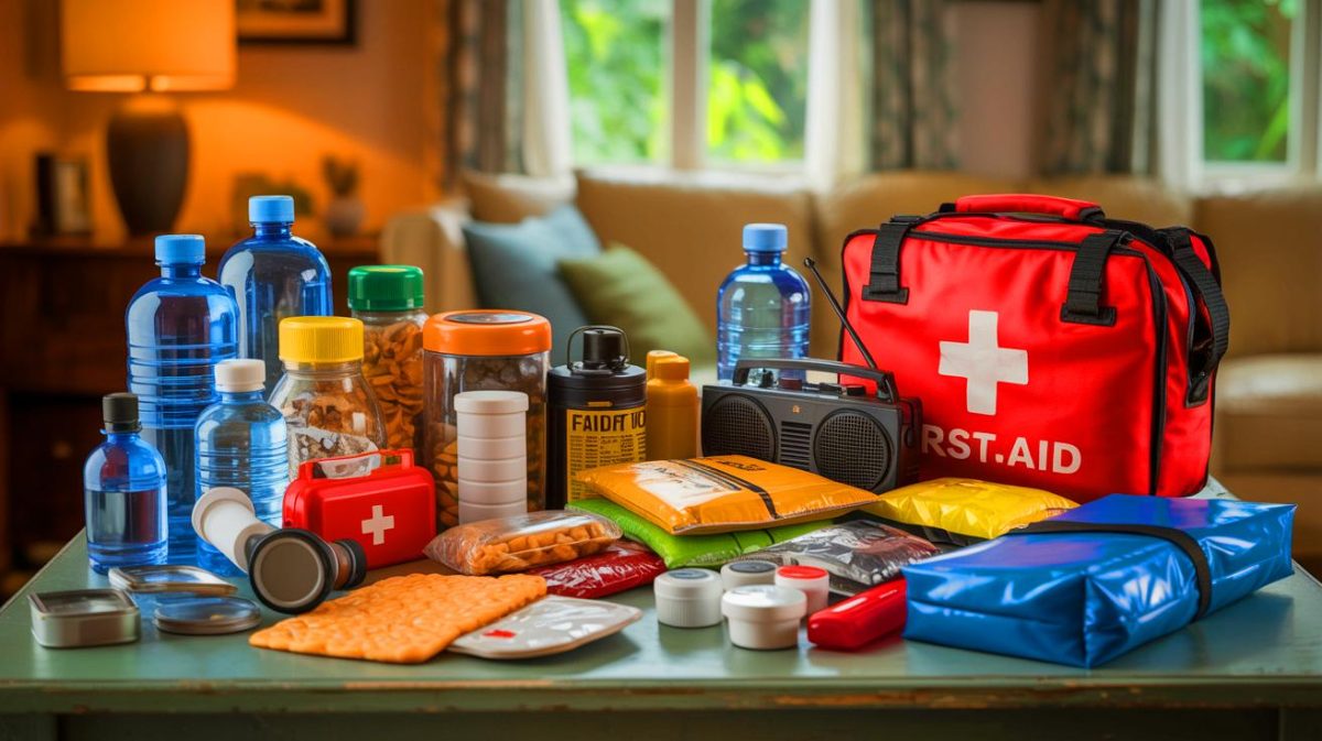 Illustration de la préparation d'un kit de survie avec des éléments essentiels recommandés.