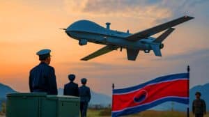 « Kim Jong Un teste des drones de combat dopés à l’IA » : une avancée militaire qui menace la stabilité régionale Illustration de Kim Jong Un supervisant un essai de drones de combat nord-coréens.