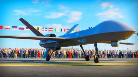 Illustration de la présentation du nouveau drone de combat de Dassault Aviation au salon du Bourget.