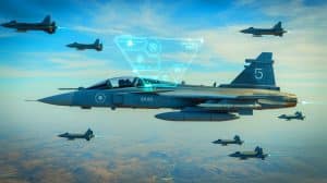 Illustration de l'intégration de l'intelligence artificielle dans le chasseur Gripen E de Saab.