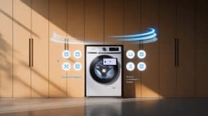 « L’IA s’invite dans votre machine à laver » : Samsung dévoile le Bespoke AI Laundry Combo qui optimise lavage et séchage Illustration de la machine Bespoke AI Laundry Combo de Samsung présentée lors de l'IFA de Berlin.