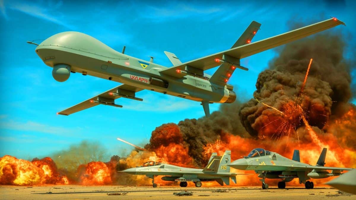 « Une mission impossible ? » : comment l’Ukraine a réussi à frapper une base aérienne russe fortifiée Illustration de l'attaque stratégique de l'Ukraine détruisant des avions russes sur une base aérienne.