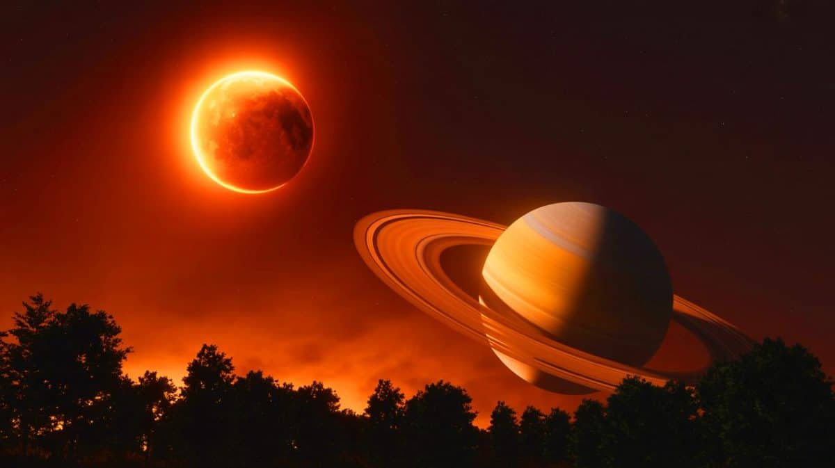 « Pourquoi la Lune rougit-elle pendant l’éclipse ? » : plongée dans les secrets de la Lune de sang Illustration de l'éclipse totale de Lune avec la planète Saturne visible à ses côtés.