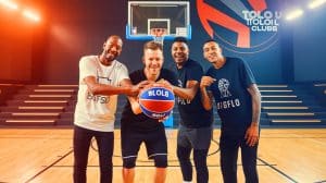Illustration de l'association d'Antoine Dupont, Léon Marchand et Bigflo et Oli pour le Toulouse Basketball Club.